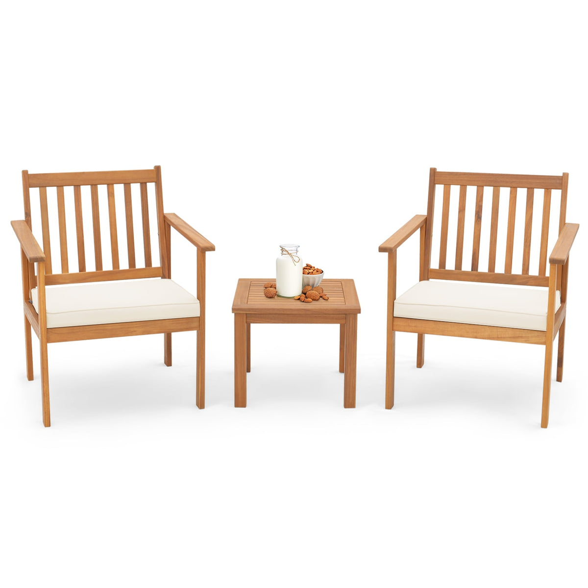 3 Pieces Patio Wood Furniture Set with soft Cushions for Porch-White-Patio Conversation Sets-DECOROLALA