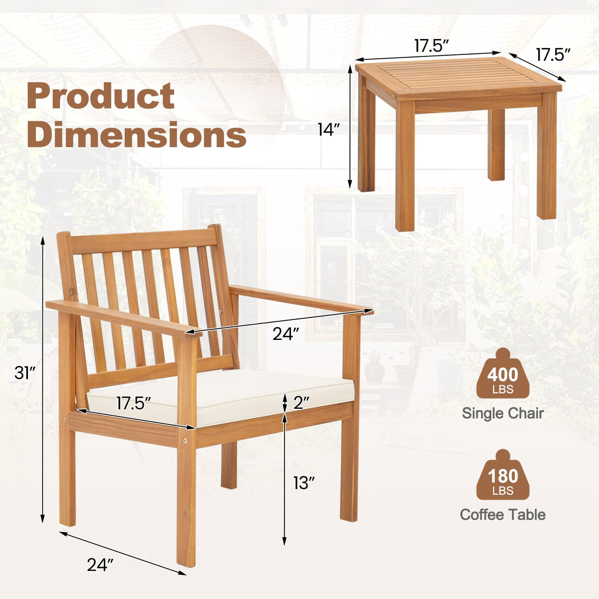 3 Pieces Patio Wood Furniture Set with soft Cushions for Porch-White-Patio Conversation Sets-DECOROLALA