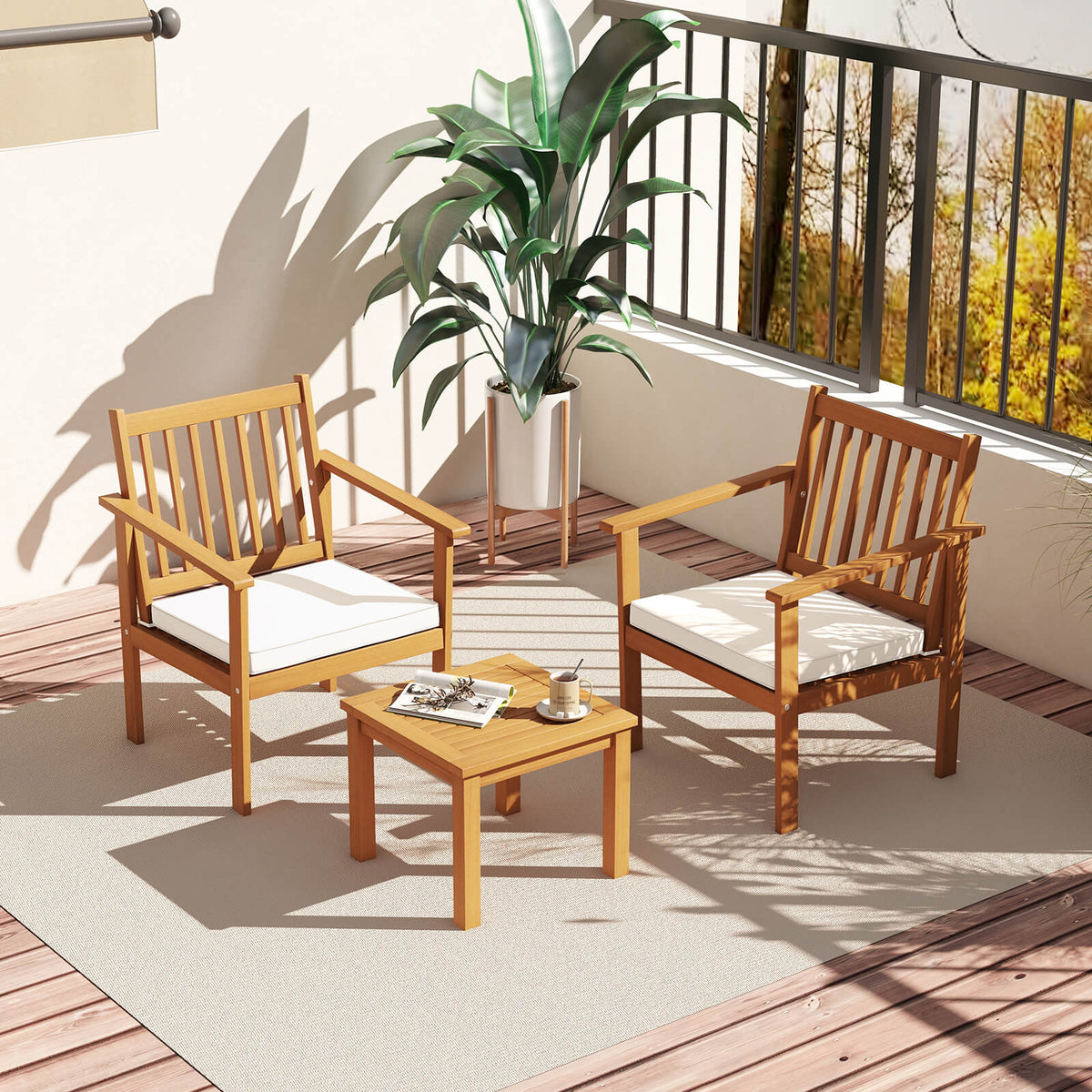 3 Pieces Patio Wood Furniture Set with soft Cushions for Porch-White-Patio Conversation Sets-DECOROLALA