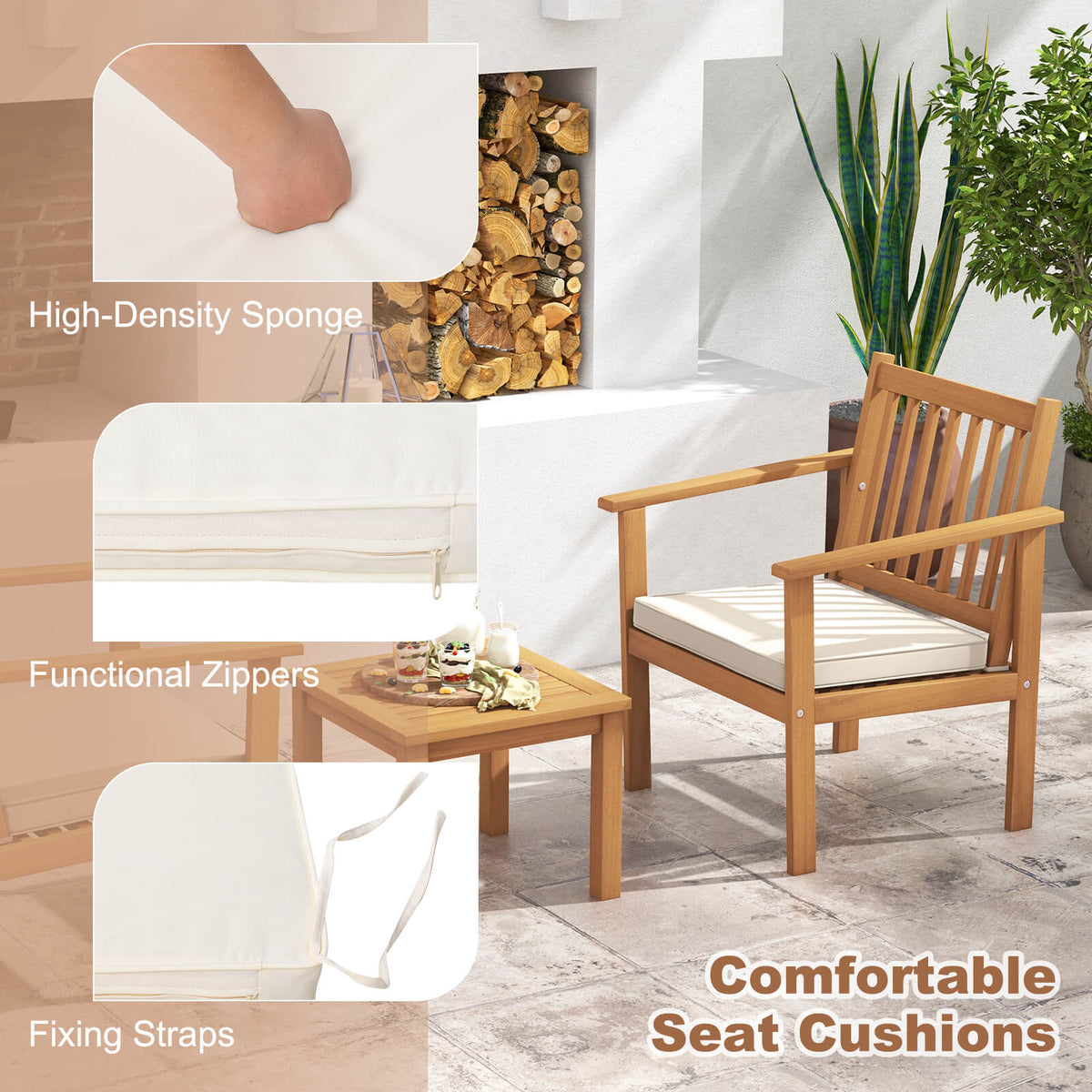 3 Pieces Patio Wood Furniture Set with soft Cushions for Porch-White-Patio Conversation Sets-DECOROLALA