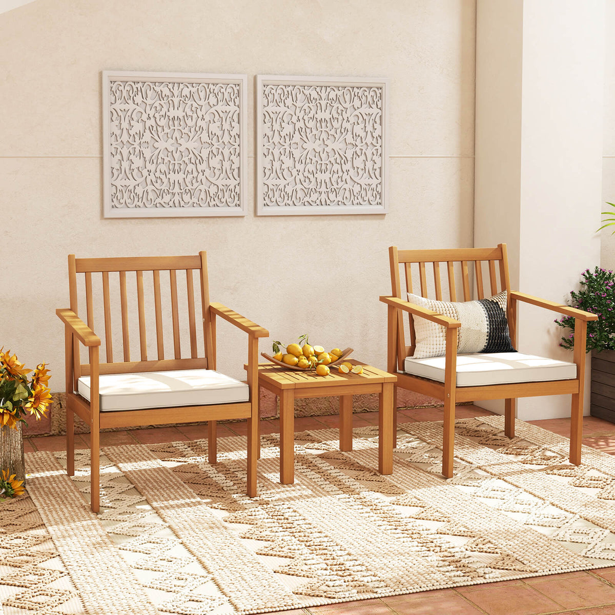3 Pieces Patio Wood Furniture Set with soft Cushions for Porch-White-Patio Conversation Sets-DECOROLALA