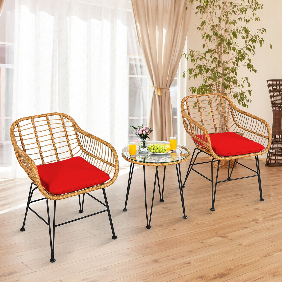 3 Pieces Rattan Furniture Set with Cushioned Chair Table-Red-Patio Conversation Sets-DECOROLALA