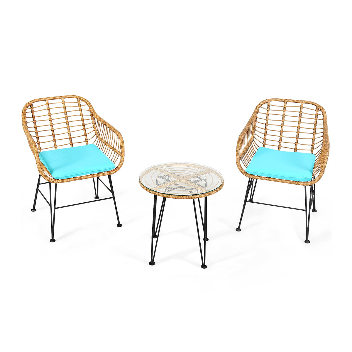 3 Pieces Rattan Furniture Set with Cushioned Chair Table-Turquoise-Patio Conversation Sets-DECOROLALA