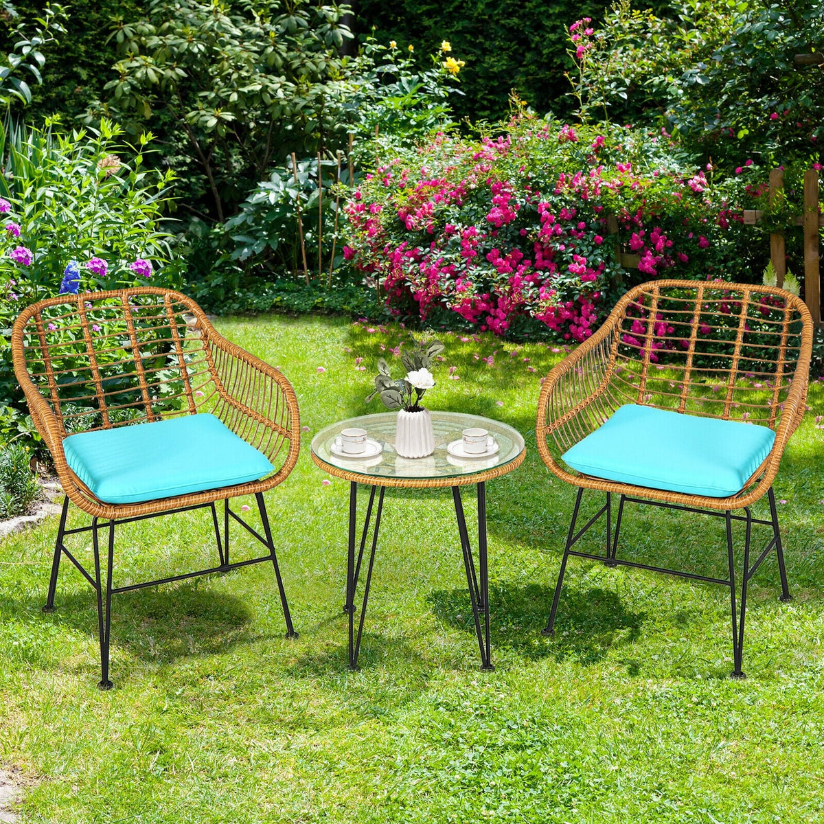 3 Pieces Rattan Furniture Set with Cushioned Chair Table-Turquoise-Patio Conversation Sets-DECOROLALA