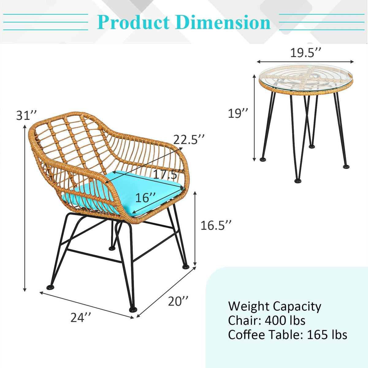 3 Pieces Rattan Furniture Set with Cushioned Chair Table-Turquoise-Patio Conversation Sets-DECOROLALA