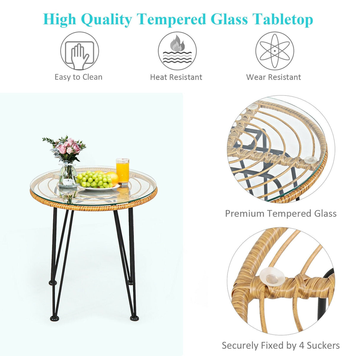 3 Pieces Rattan Furniture Set with Cushioned Chair Table-Turquoise-Patio Conversation Sets-DECOROLALA