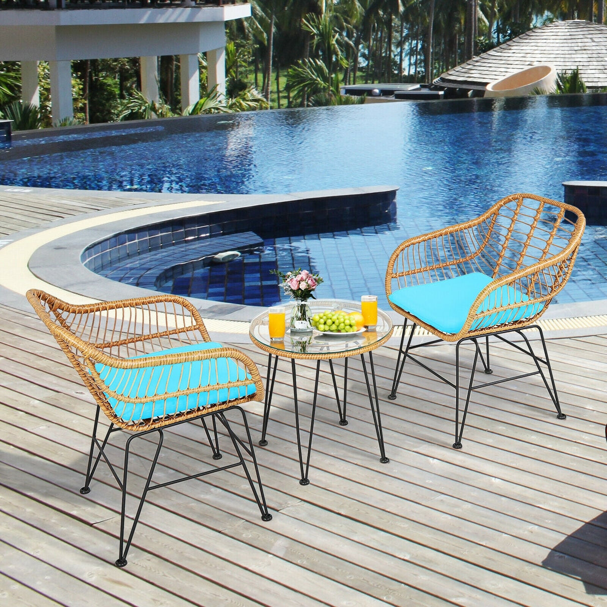 3 Pieces Rattan Furniture Set with Cushioned Chair Table-Turquoise-Patio Conversation Sets-DECOROLALA
