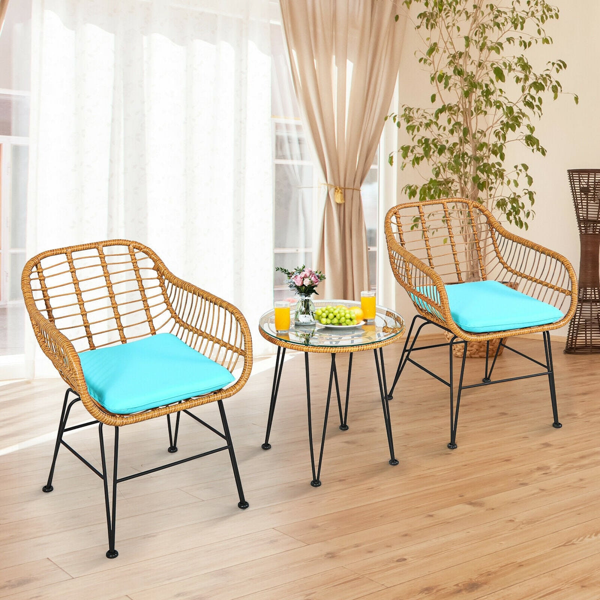 3 Pieces Rattan Furniture Set with Cushioned Chair Table-Turquoise-Patio Conversation Sets-DECOROLALA
