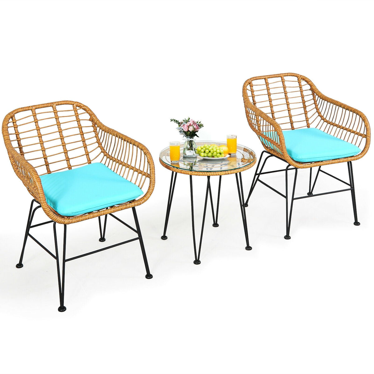 3 Pieces Rattan Furniture Set with Cushioned Chair Table-Turquoise-Patio Conversation Sets-DECOROLALA