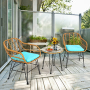 3 Pieces Rattan Furniture Set with Cushioned Chair Table-Turquoise-Patio Conversation Sets-DECOROLALA