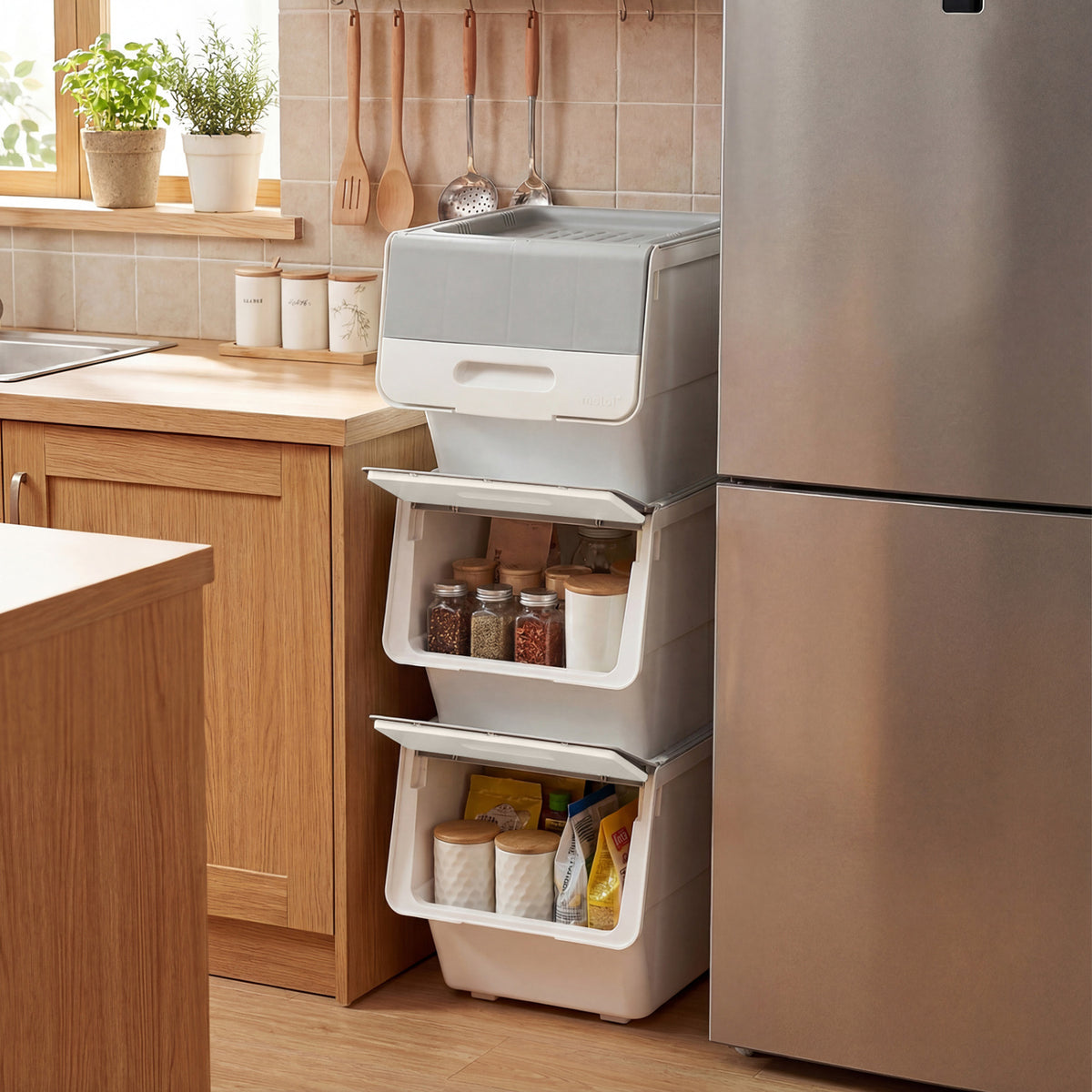 3 Pieces Storage Bins on Wheels Stackable Plastic Boxes with Stay-Open Lid (S)-Gray-Dressers & Chests-DECOROLALA