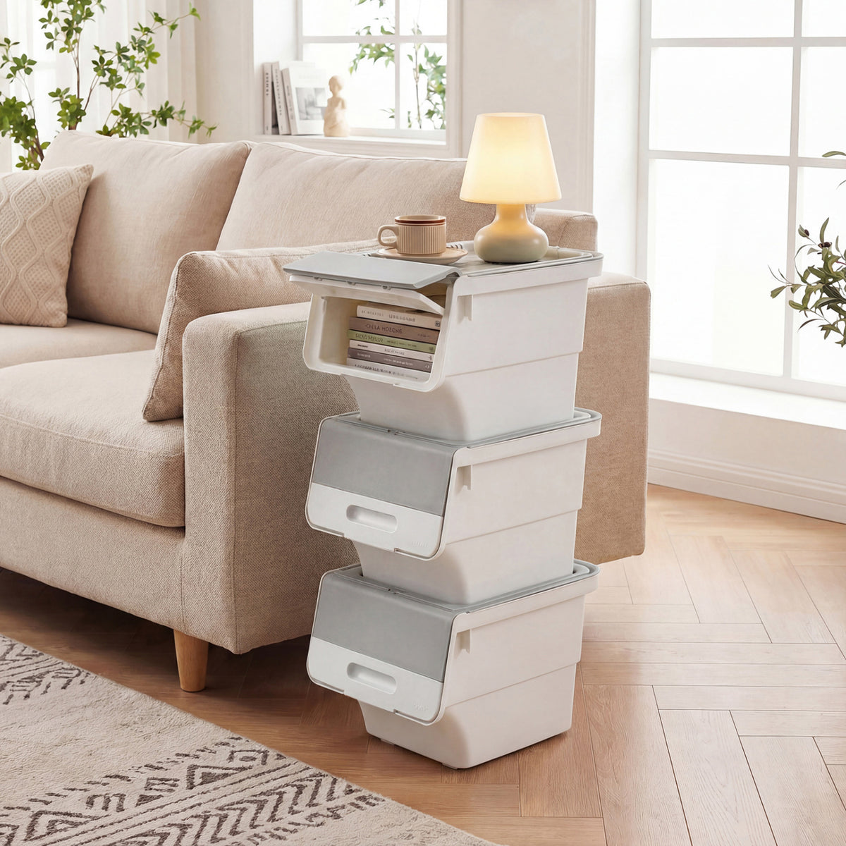 3 Pieces Storage Bins on Wheels Stackable Plastic Boxes with Stay-Open Lid (S)-Gray-Dressers & Chests-DECOROLALA