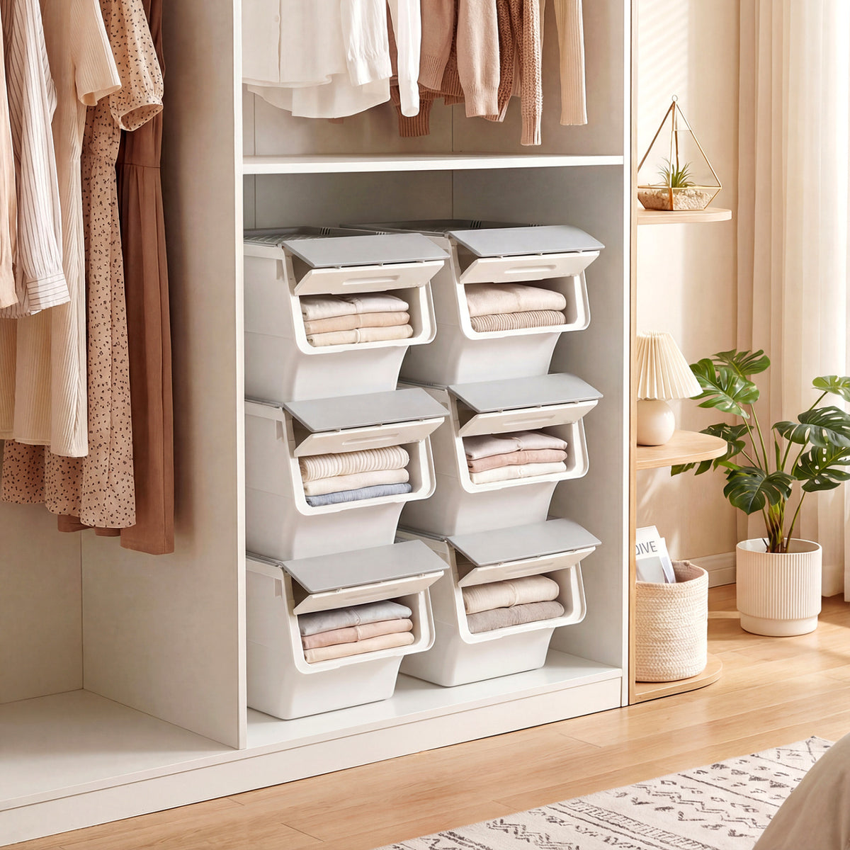 3 Pieces Storage Bins on Wheels Stackable Plastic Boxes with Stay-Open Lid (S)-Gray-Dressers & Chests-DECOROLALA