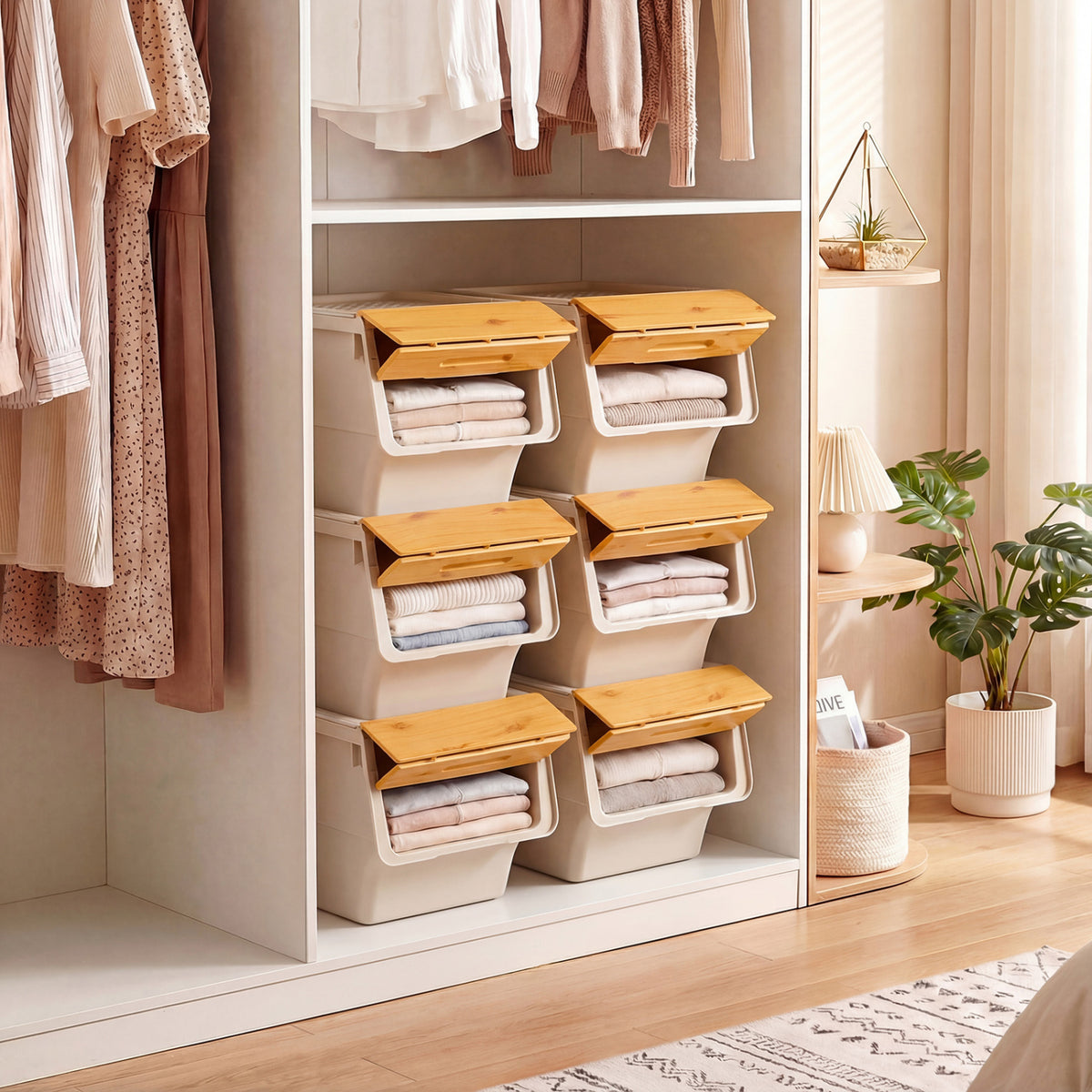 3 Pieces Storage Bins on Wheels Stackable Plastic Boxes with Stay-Open Lid (S)-Orange-Dressers & Chests-DECOROLALA