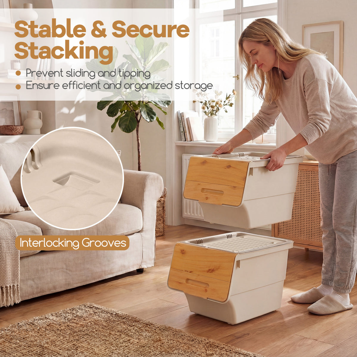 3 Pieces Storage Bins on Wheels Stackable Plastic Boxes with Stay-Open Lid (S)-Orange-Dressers & Chests-DECOROLALA