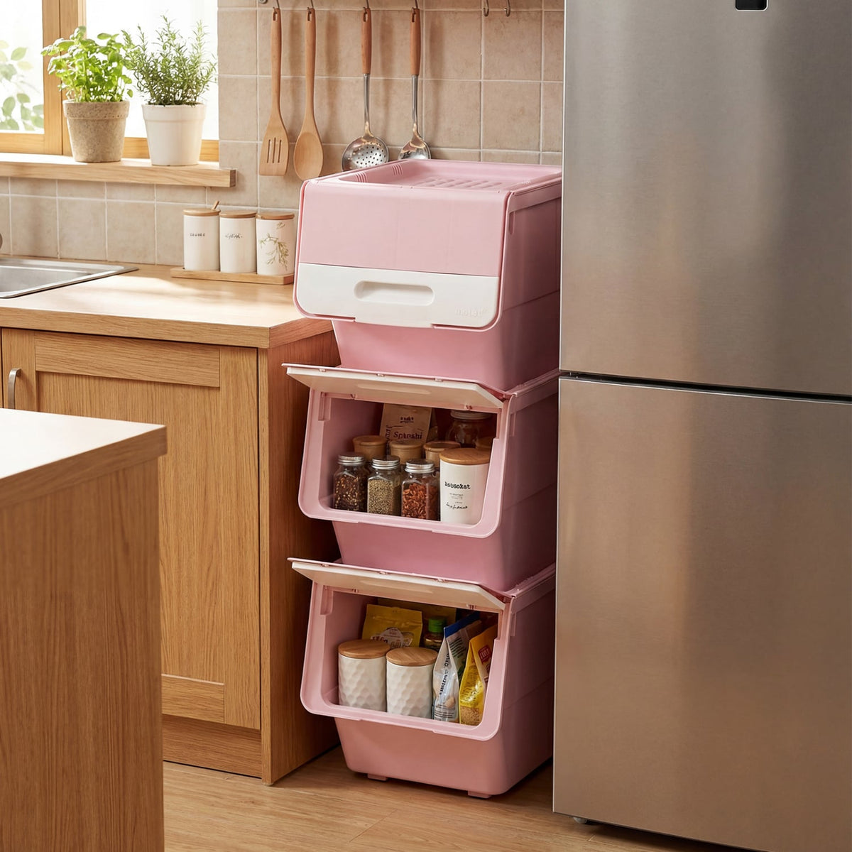 3 Pieces Storage Bins on Wheels Stackable Plastic Boxes with Stay-Open Lid (S)-Pink-Dressers & Chests-DECOROLALA