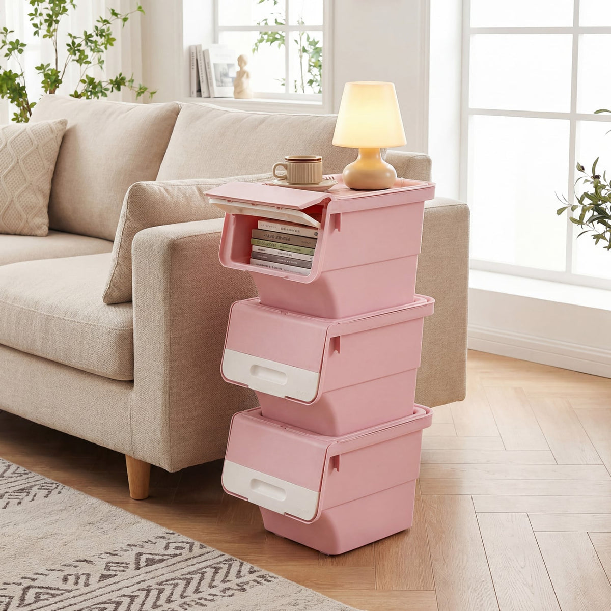 3 Pieces Storage Bins on Wheels Stackable Plastic Boxes with Stay-Open Lid (S)-Pink-Dressers & Chests-DECOROLALA