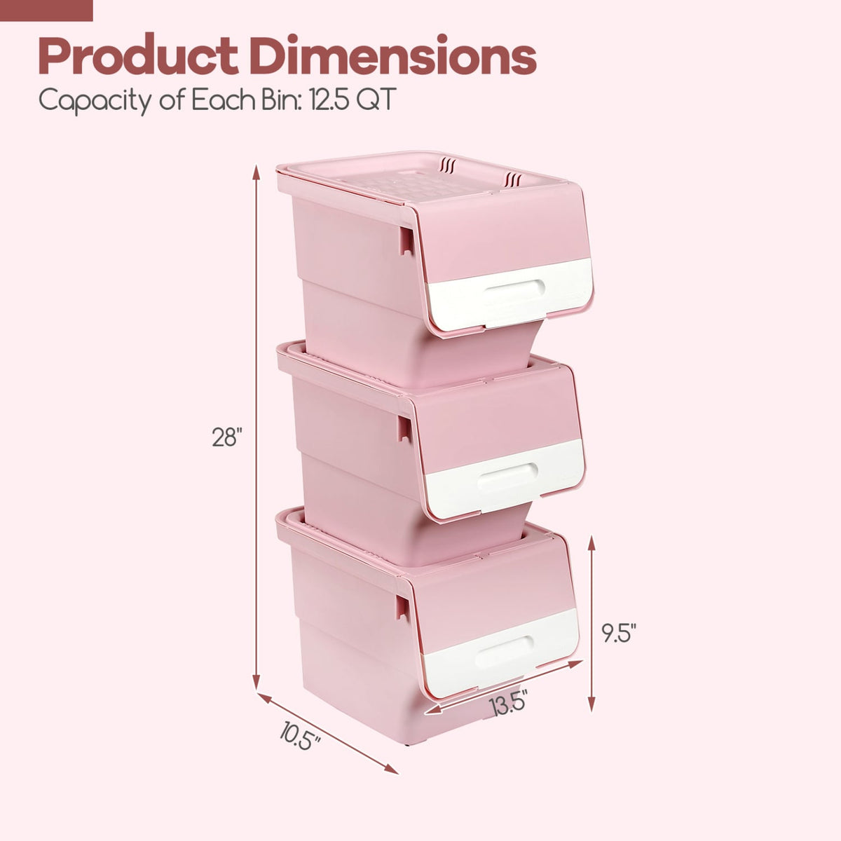 3 Pieces Storage Bins on Wheels Stackable Plastic Boxes with Stay-Open Lid (S)-Pink-Dressers & Chests-DECOROLALA
