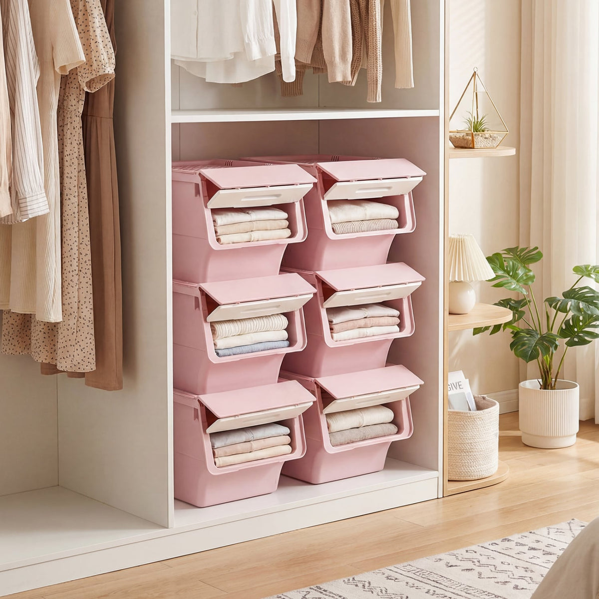 3 Pieces Storage Bins on Wheels Stackable Plastic Boxes with Stay-Open Lid (S)-Pink-Dressers & Chests-DECOROLALA