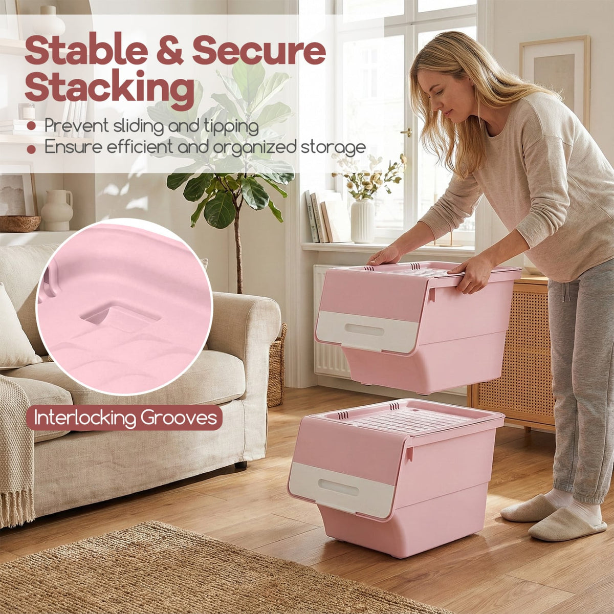 3 Pieces Storage Bins on Wheels Stackable Plastic Boxes with Stay-Open Lid (S)-Pink-Dressers & Chests-DECOROLALA