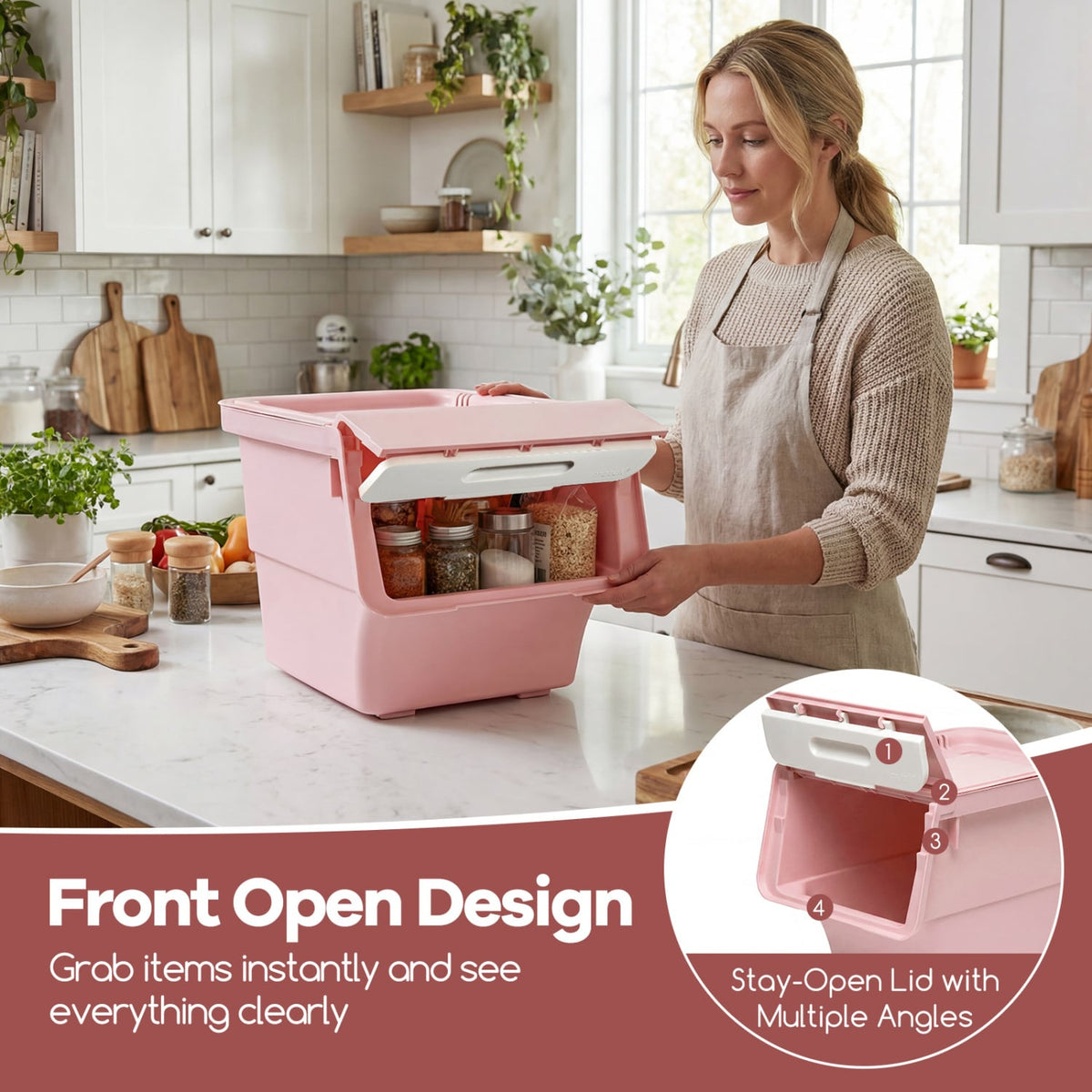 3 Pieces Storage Bins on Wheels Stackable Plastic Boxes with Stay-Open Lid (S)-Pink-Dressers & Chests-DECOROLALA