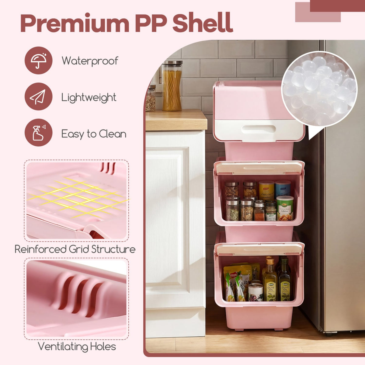 3 Pieces Storage Bins on Wheels Stackable Plastic Boxes with Stay-Open Lid (S)-Pink-Dressers & Chests-DECOROLALA