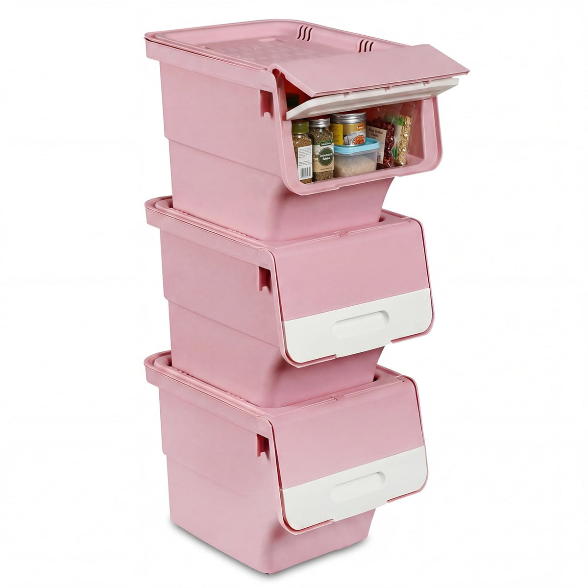 3 Pieces Storage Bins on Wheels Stackable Plastic Boxes with Stay-Open Lid (S)-Pink-Dressers & Chests-DECOROLALA