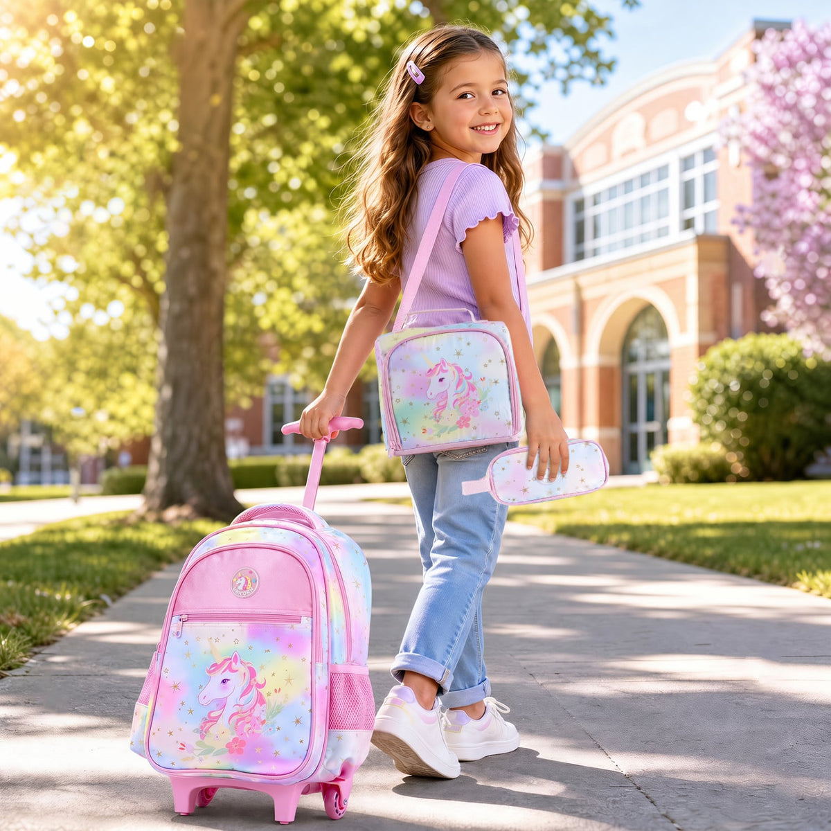 3 Pieces Unicorn Rolling Backpack for Kids with Lunch Box-Pink-Kids Suitcases-DECOROLALA