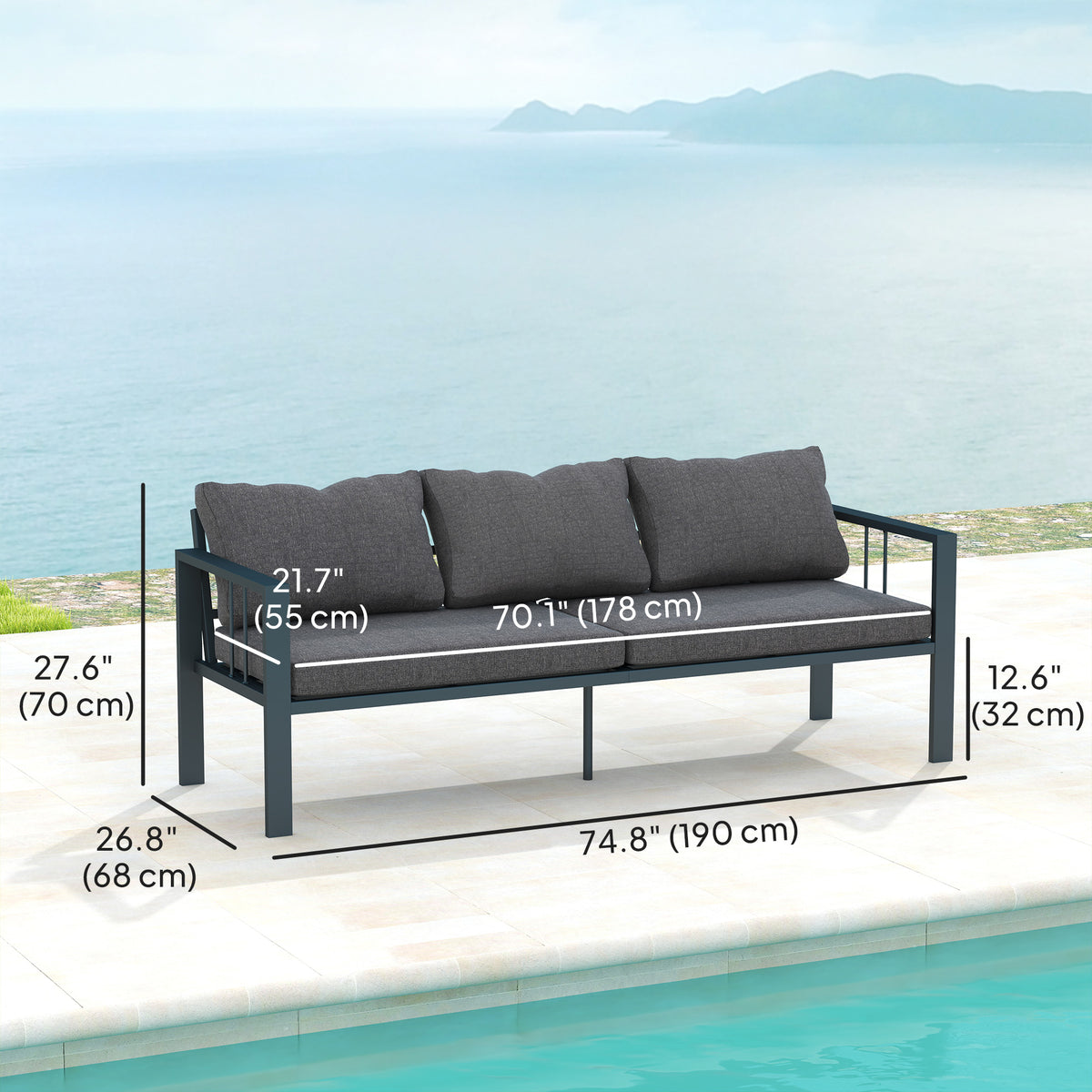 3-Seat Aluminum Patio Sofa - Dark Grey-Outdoor Furniture-DECOROLALA
