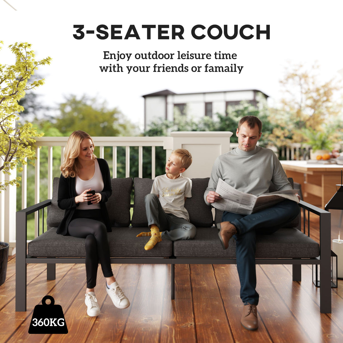 3-Seat Aluminum Patio Sofa - Dark Grey-Outdoor Furniture-DECOROLALA