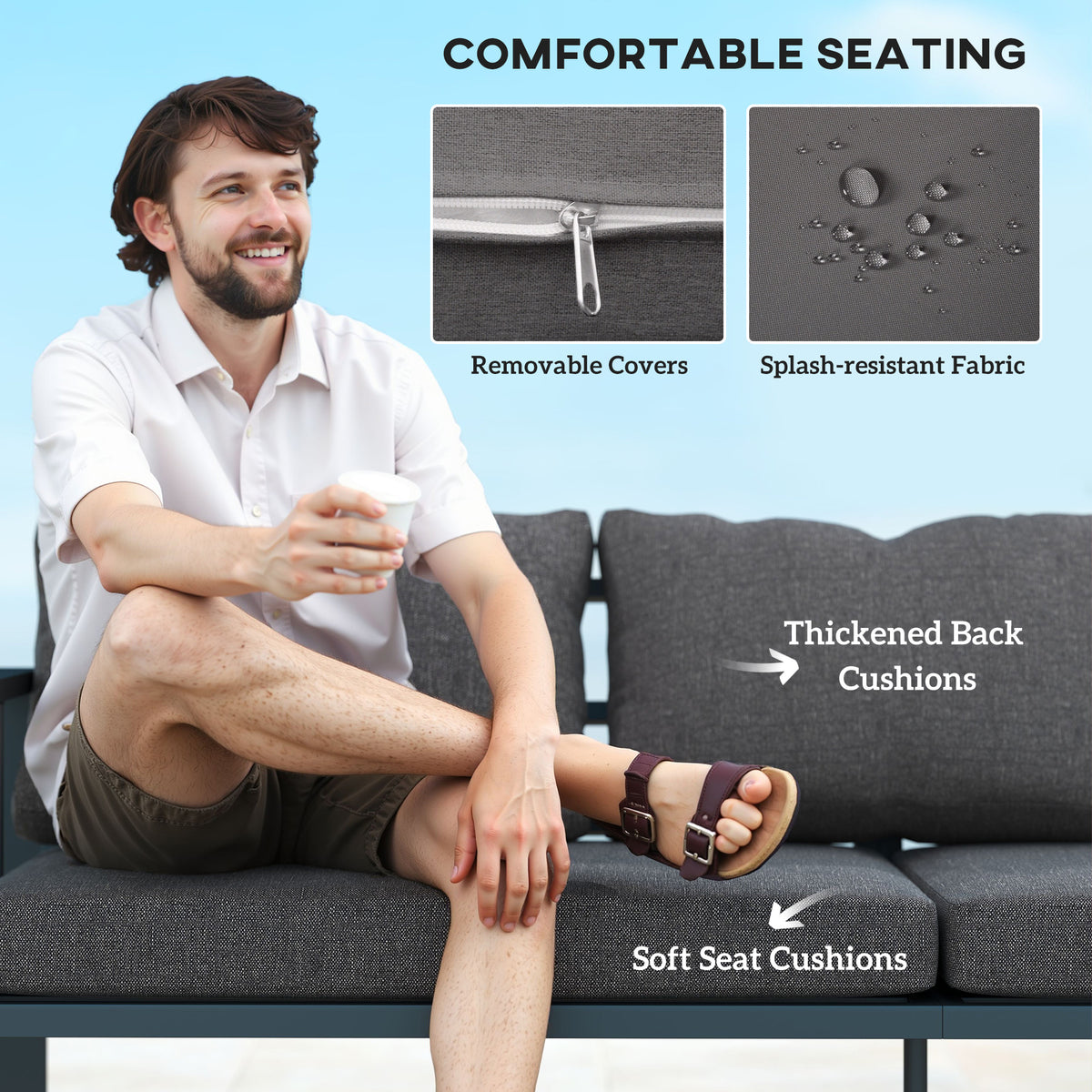 3-Seat Aluminum Patio Sofa - Dark Grey-Outdoor Furniture-DECOROLALA