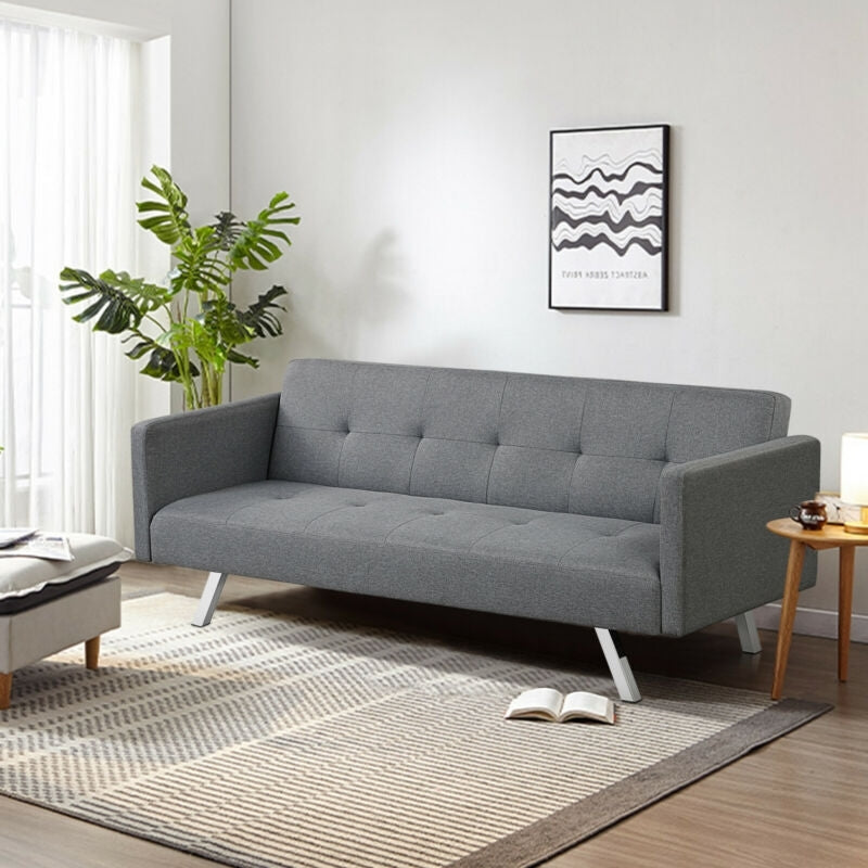 3 Seat Convertible Linen Fabric Futon Sofa with USB and Power Strip-Gray-Sofas & Loveseats-DECOROLALA