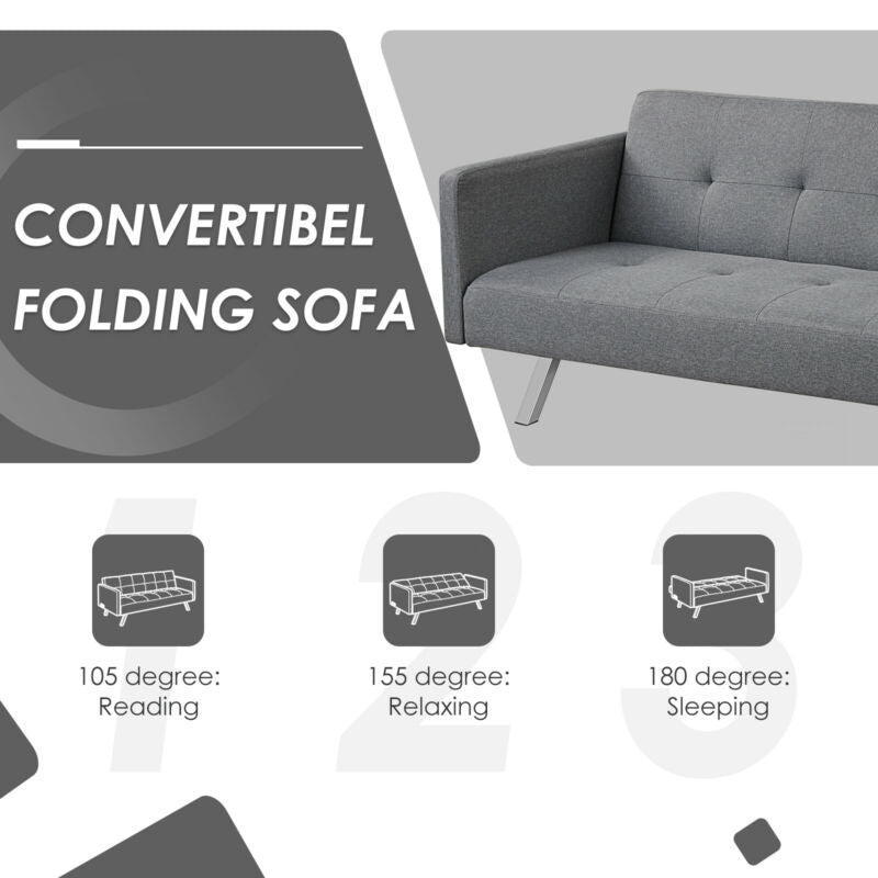 3 Seat Convertible Linen Fabric Futon Sofa with USB and Power Strip-Gray-Sofas & Loveseats-DECOROLALA