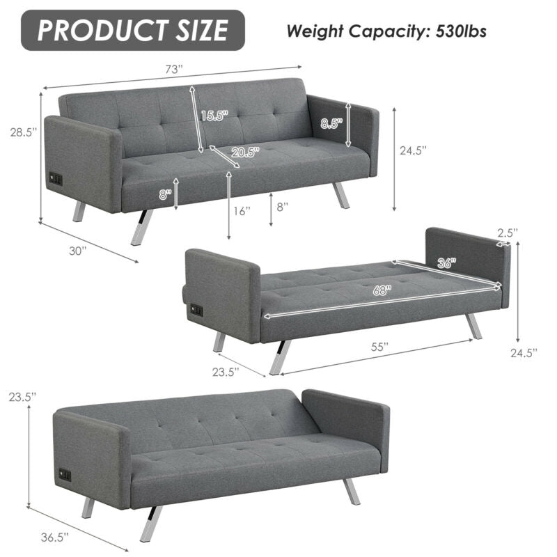 3 Seat Convertible Linen Fabric Futon Sofa with USB and Power Strip-Gray-Sofas & Loveseats-DECOROLALA