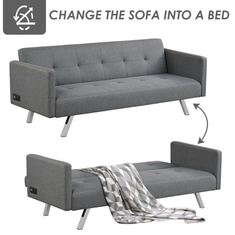 3 Seat Convertible Linen Fabric Futon Sofa with USB and Power Strip-Gray-Sofas & Loveseats-DECOROLALA