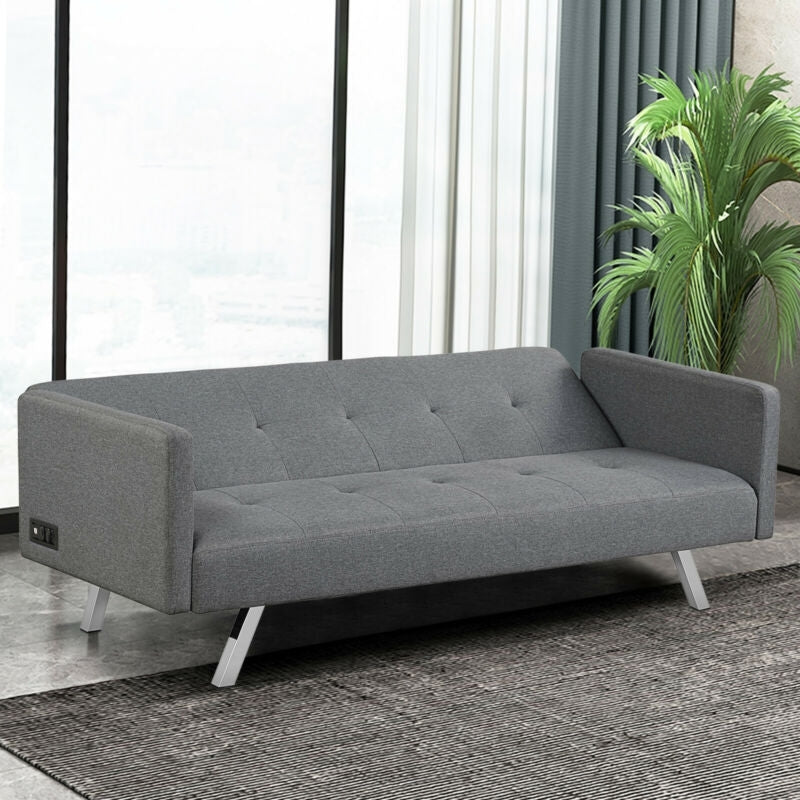 3 Seat Convertible Linen Fabric Futon Sofa with USB and Power Strip-Gray-Sofas & Loveseats-DECOROLALA