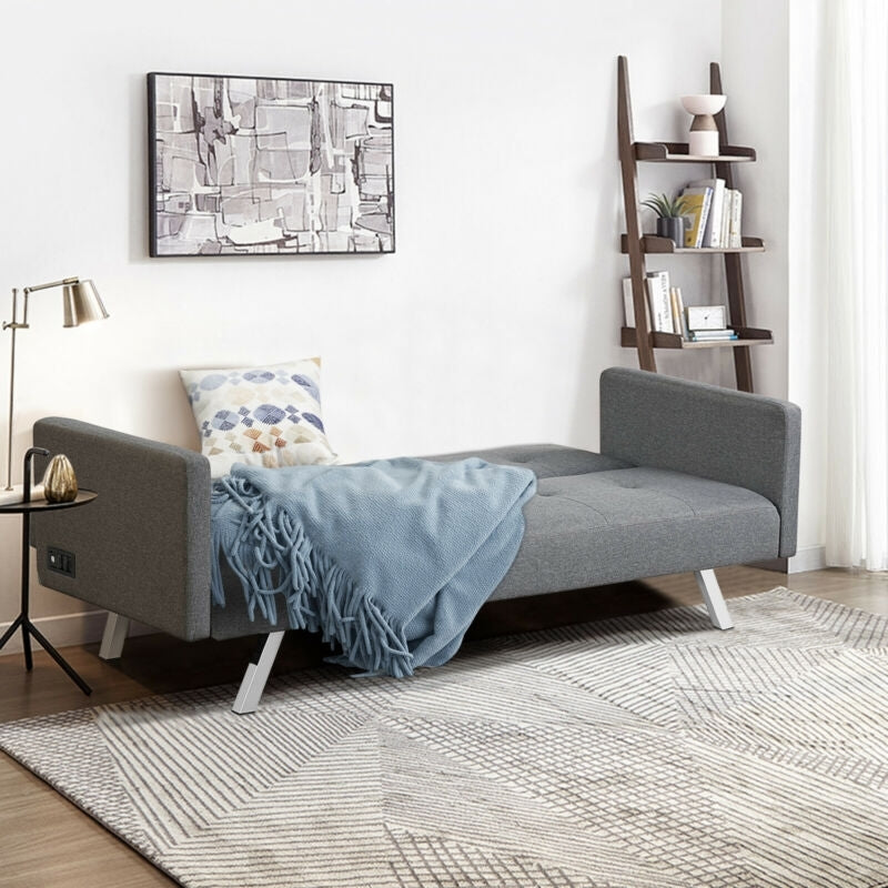 3 Seat Convertible Linen Fabric Futon Sofa with USB and Power Strip-Gray-Sofas & Loveseats-DECOROLALA