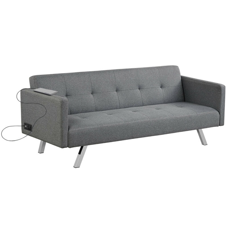 3 Seat Convertible Linen Fabric Futon Sofa with USB and Power Strip-Gray-Sofas & Loveseats-DECOROLALA