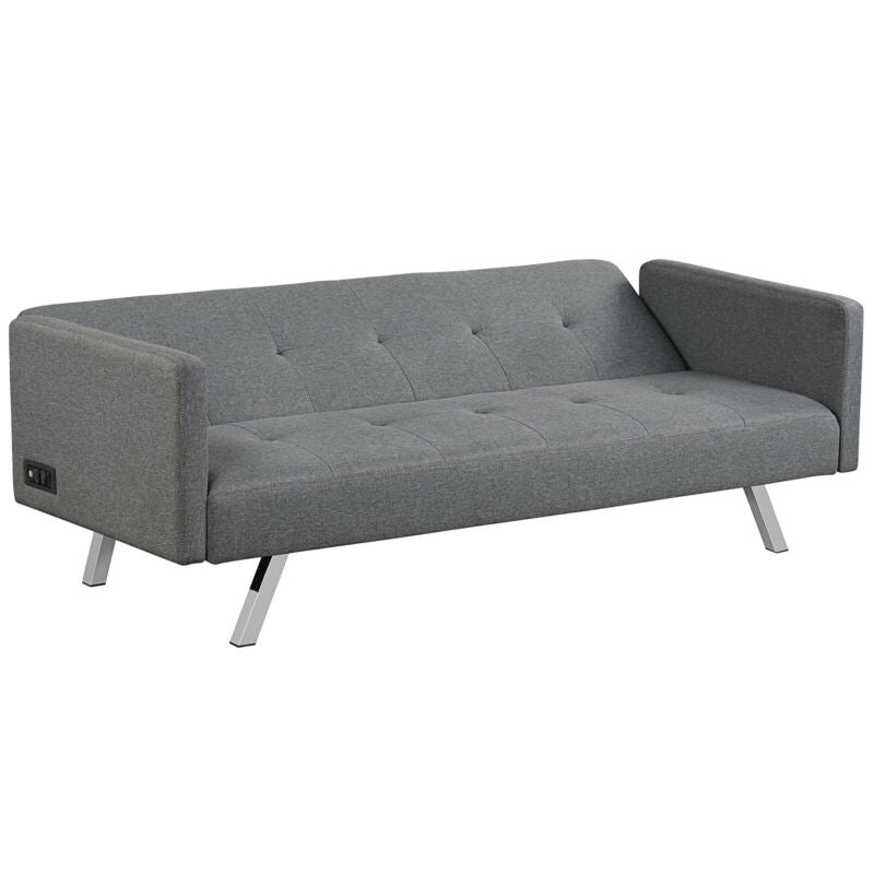 3 Seat Convertible Linen Fabric Futon Sofa with USB and Power Strip-Gray-Sofas & Loveseats-DECOROLALA