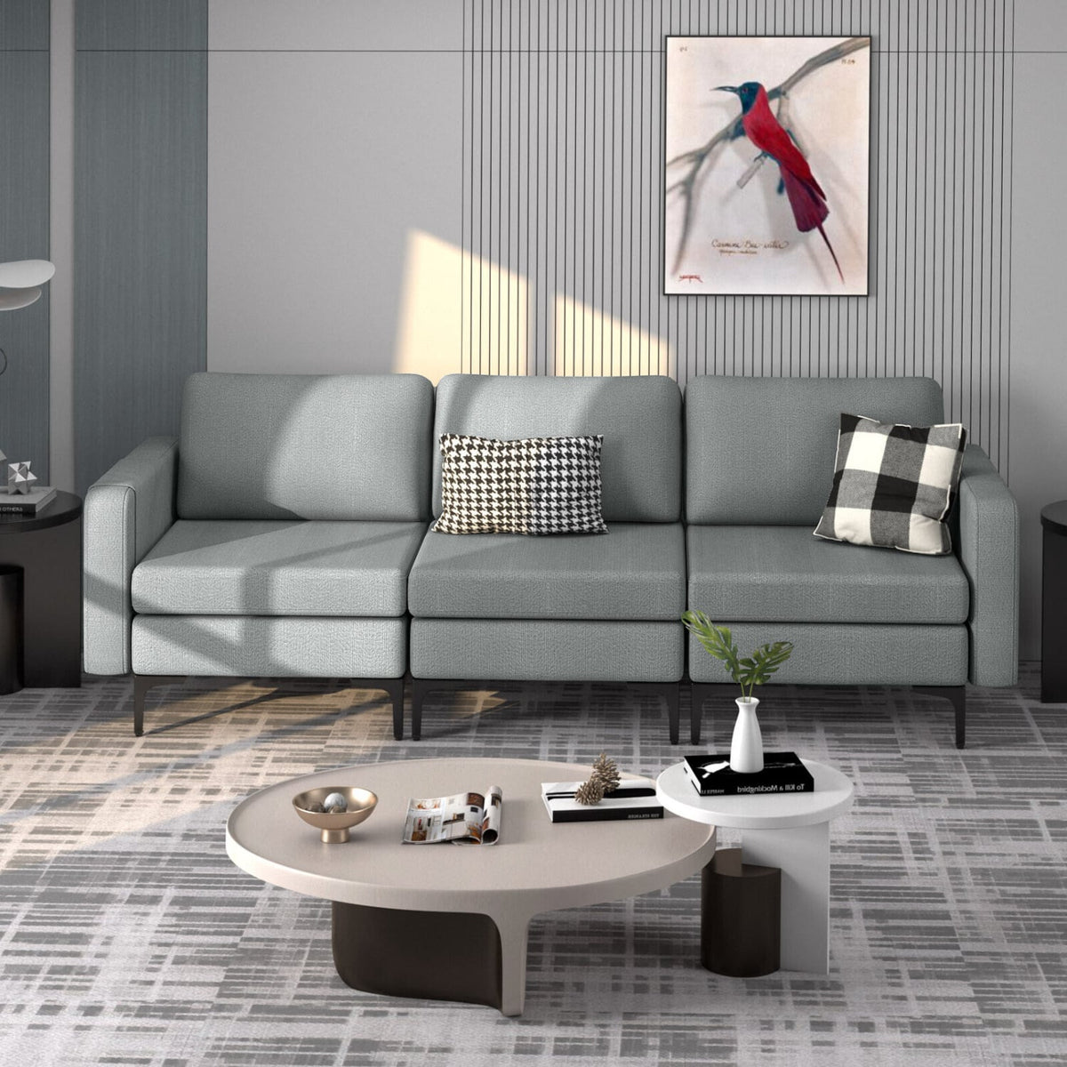 3-Seat Convertible Sectional Sofa with Reversible Ottoman - Dark Gray-Sofas & Loveseats-DECOROLALA