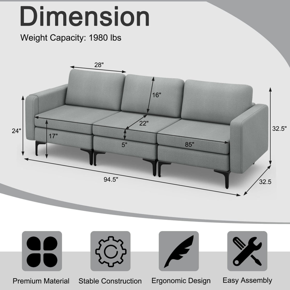 3-Seat Convertible Sectional Sofa with Reversible Ottoman - Dark Gray-Sofas & Loveseats-DECOROLALA