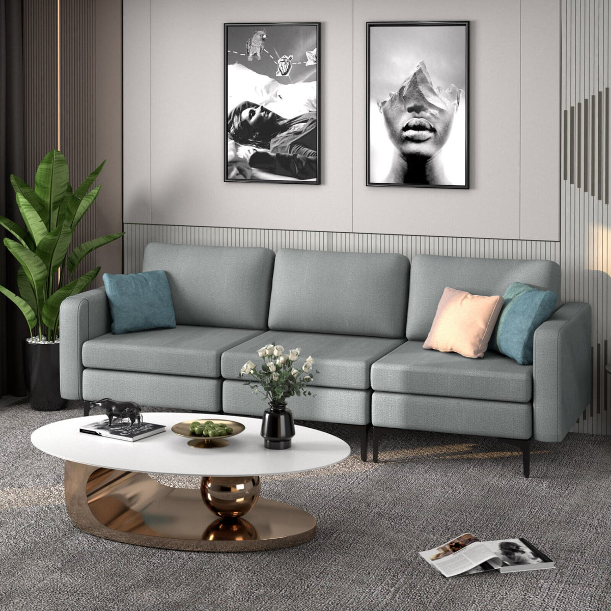 3-Seat Convertible Sectional Sofa with Reversible Ottoman - Dark Gray-Sofas & Loveseats-DECOROLALA