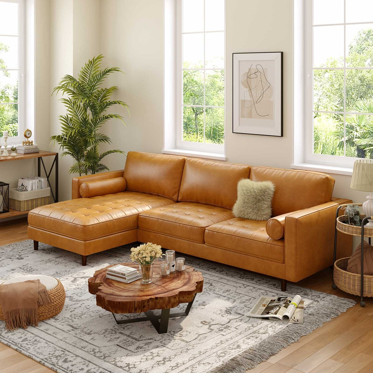 3-Seat L-Shaped Sectional Sofa - 105" Brown Air Leather Couch-Sofas & Loveseats-DECOROLALA