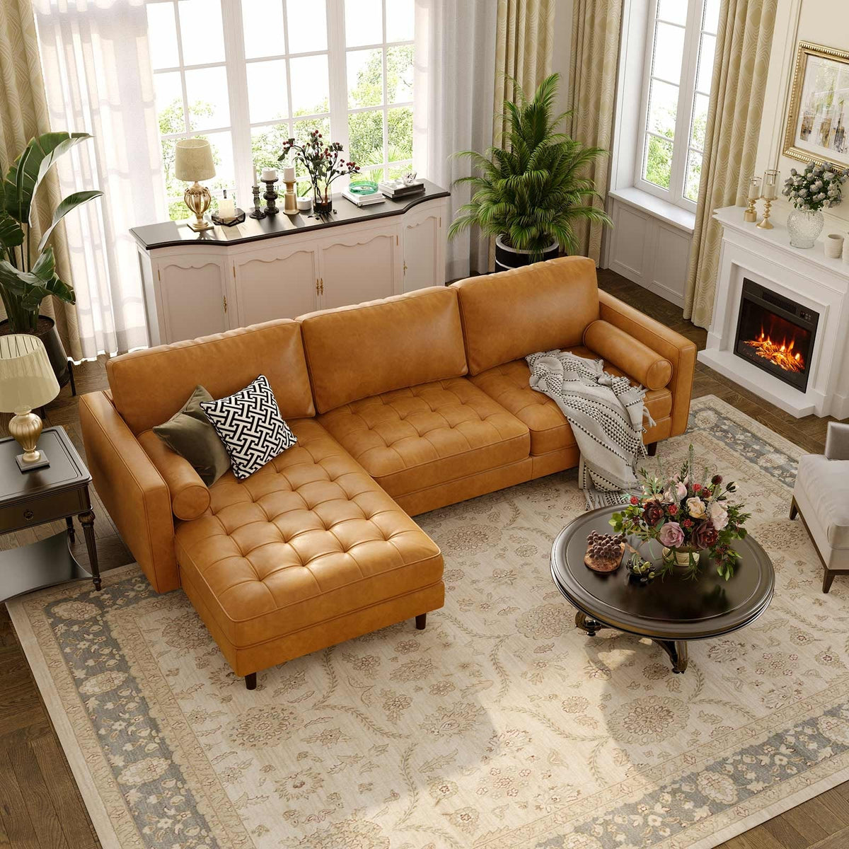 3-Seat L-Shaped Sectional Sofa - 105" Brown Air Leather Couch-Sofas & Loveseats-DECOROLALA