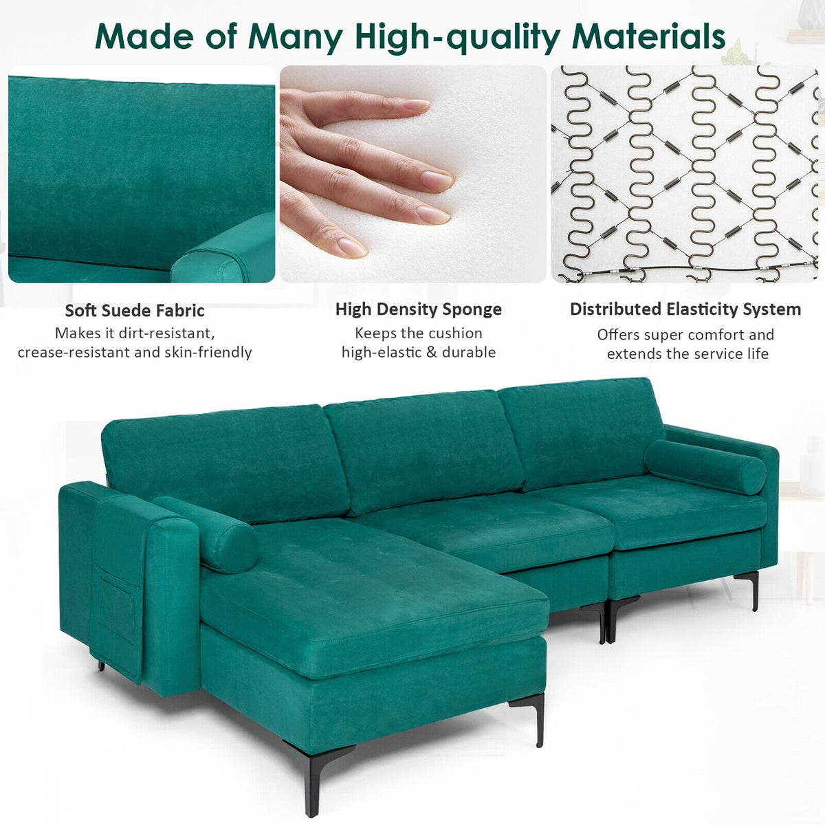 3-Seat Modular L-Shaped Sectional Sofa - Peacock Blue Suede-Sofas & Loveseats-DECOROLALA