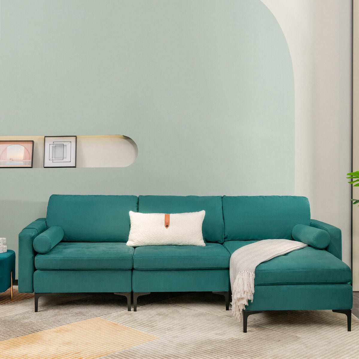 3-Seat Modular L-Shaped Sectional Sofa - Peacock Blue Suede-Sofas & Loveseats-DECOROLALA
