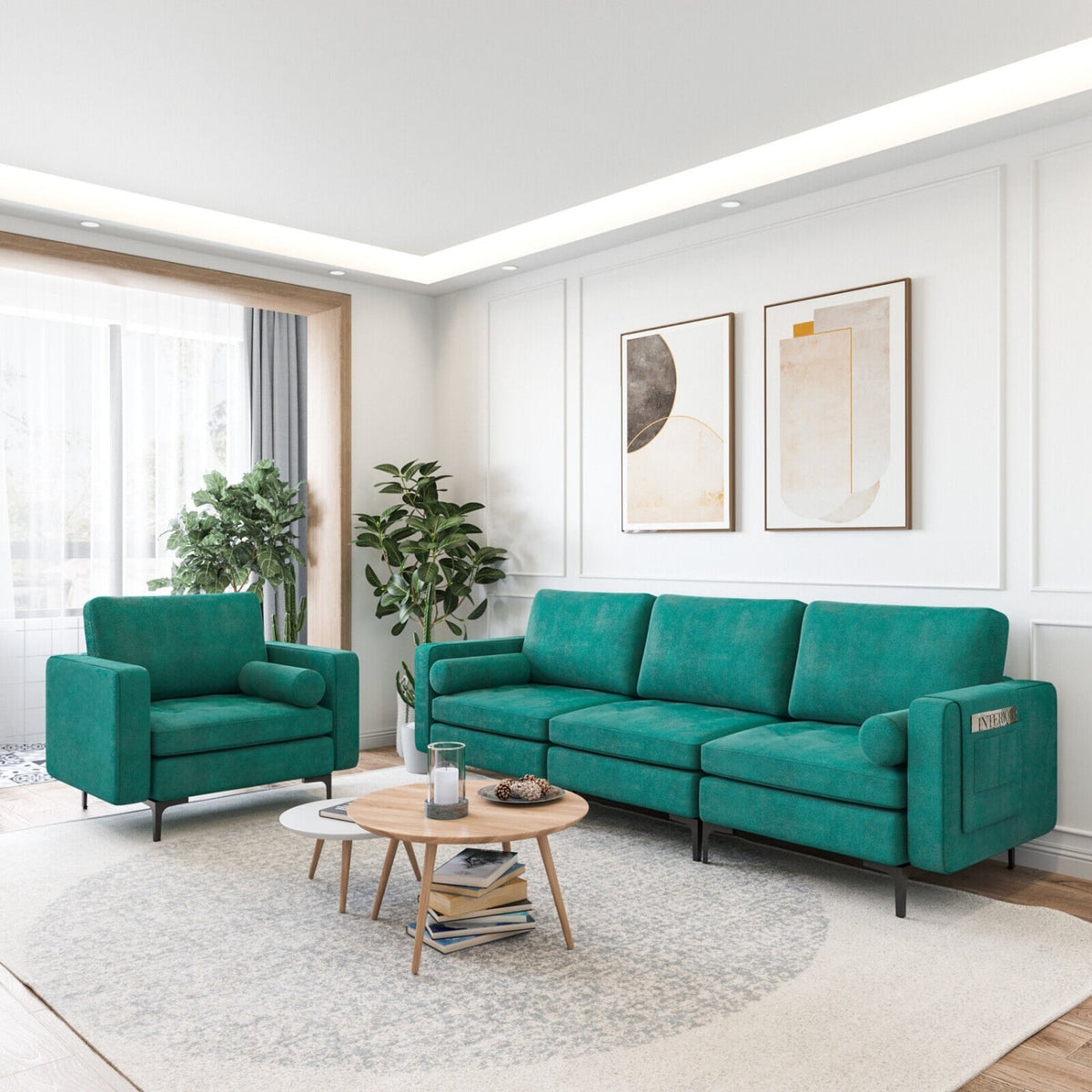 3-Seat Modular Sectional Sofa - Peacock Blue Suede with Storage-Sofas & Loveseats-DECOROLALA
