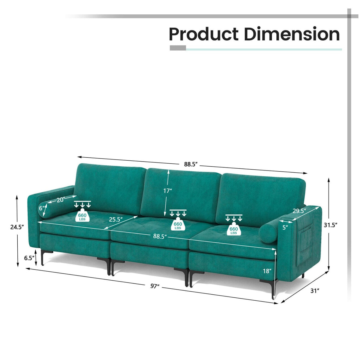 3-Seat Modular Sectional Sofa - Peacock Blue Suede with Storage-Sofas & Loveseats-DECOROLALA
