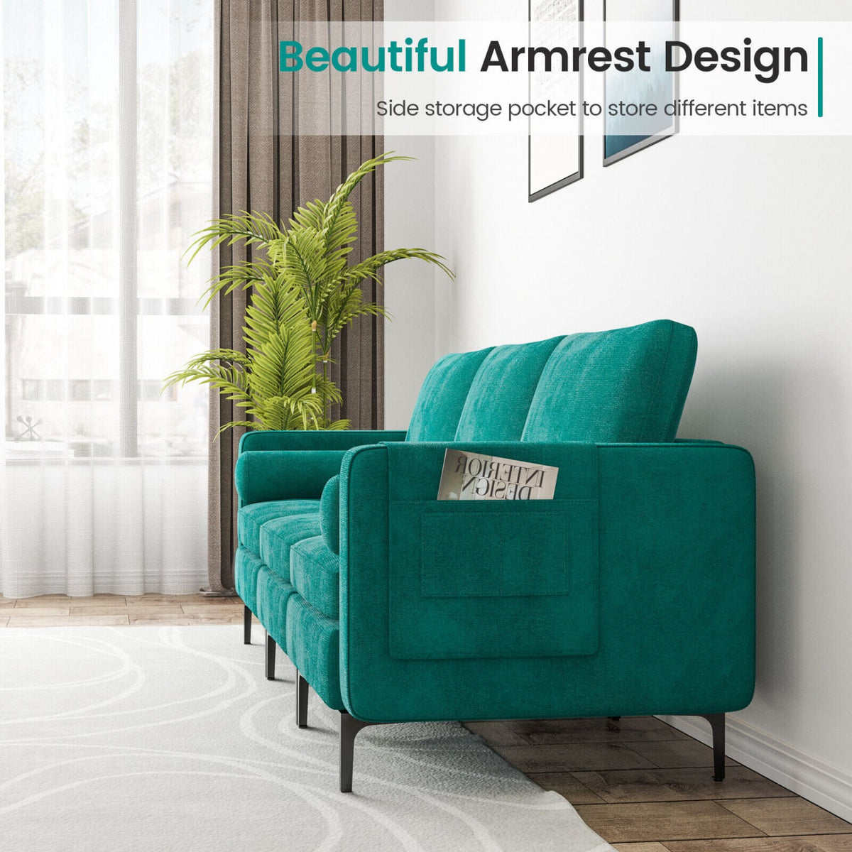 3-Seat Modular Sectional Sofa - Peacock Blue Suede with Storage-Sofas & Loveseats-DECOROLALA