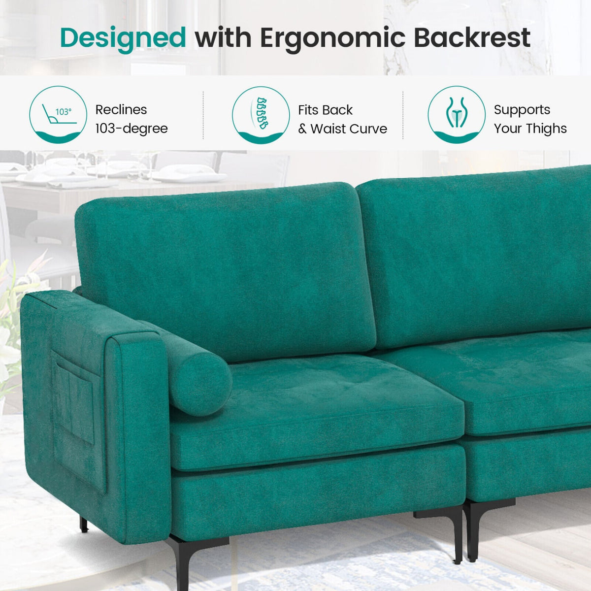 3-Seat Modular Sectional Sofa - Peacock Blue Suede with Storage-Sofas & Loveseats-DECOROLALA